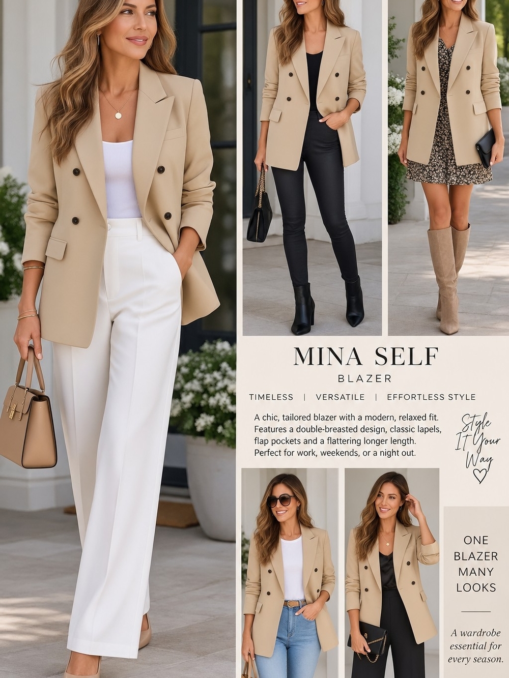 Ina Double-Breasted Beige Blazer